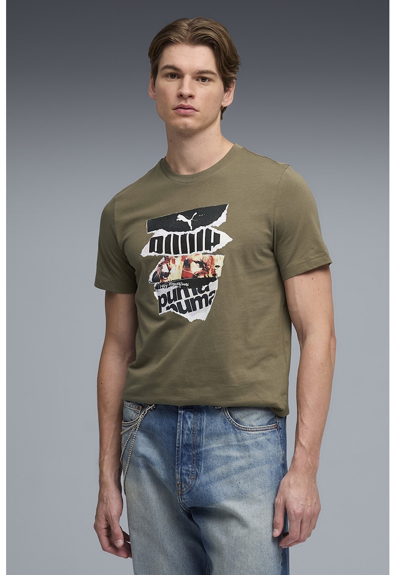 Tricou cu logo si imprimeu foto - Alb/Kaki inchis