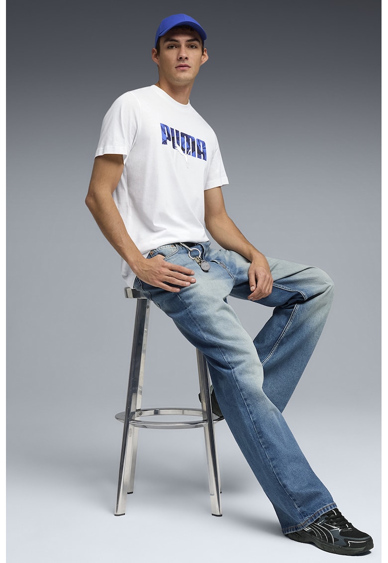 Tricou de bumbac cu logo - Albastru inchis/Alb optic