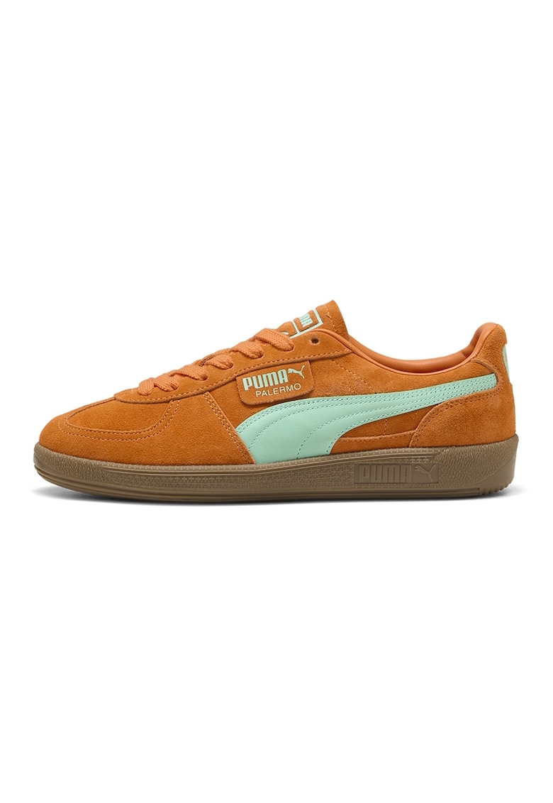 Pantofi sport Palermo de piele intoarsa si piele - Gri cenusiu/Portocaliu neon