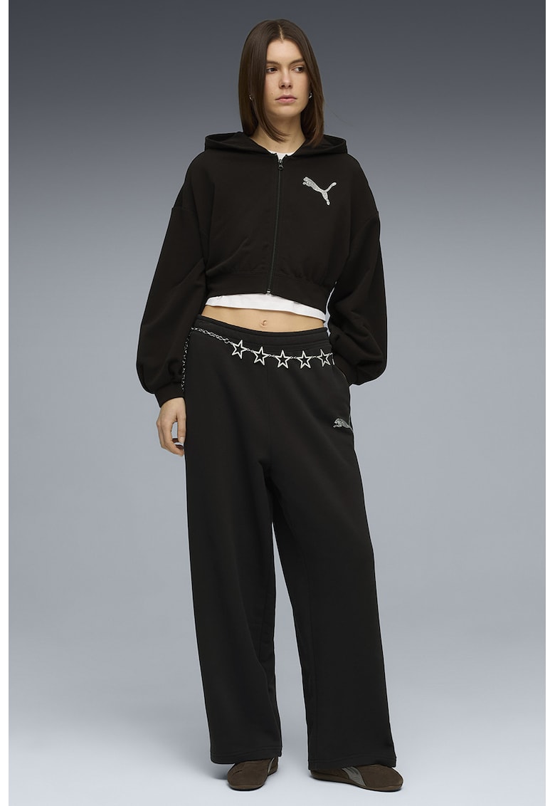 Pantaloni cu croiala ampla - talie medie si logo - Negru