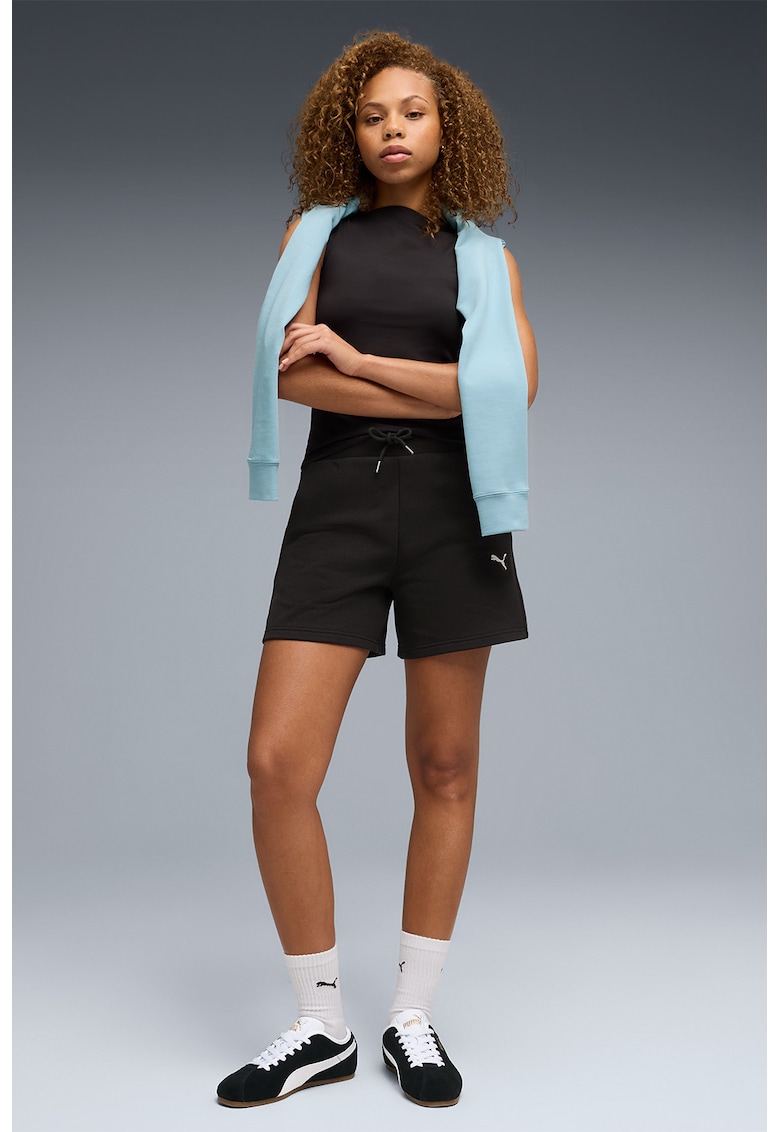 Pantaloni scurti din amestec de bumbac cu talie ajustabila - Negru