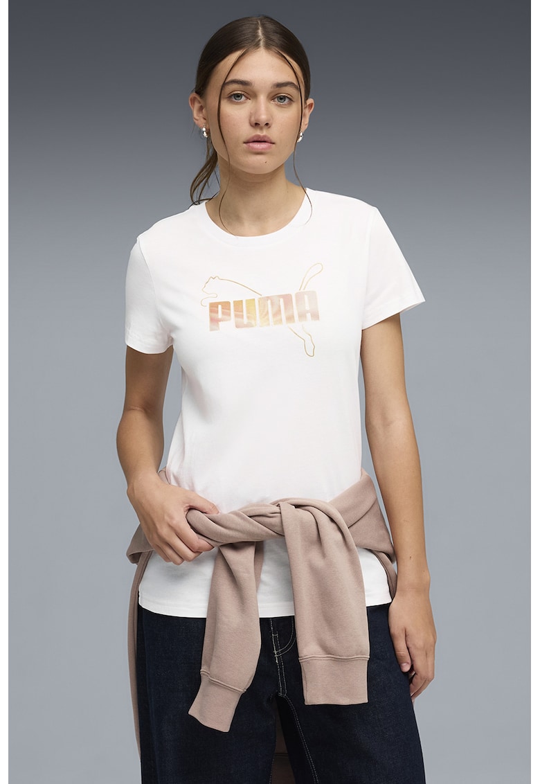 Tricou cu decolteu rotund si logo Essentials - Alb/Galben
