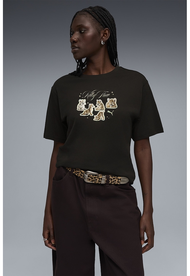 Tricou de bumbac relaxed fit Kitty Sticker - Negru/Maro camel