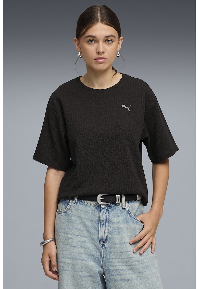 Tricou cu aspect texturat si maneci cazute - Negru