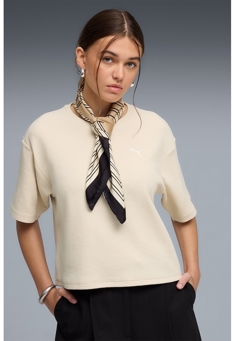 Tricou cu aspect texturat si maneci cazute - Crem