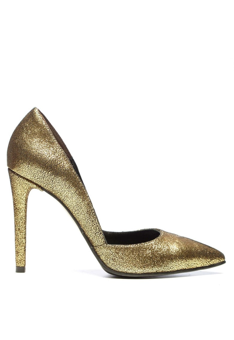 Pantofi stiletto piele naturala Auriu Sparkle