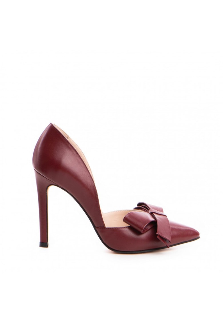 Pantofi stiletto piele naturala Visiniu cu funda