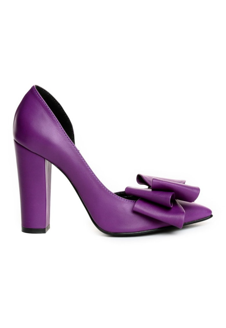 Pantofi cu toc gros piele Cut Mov cu funda