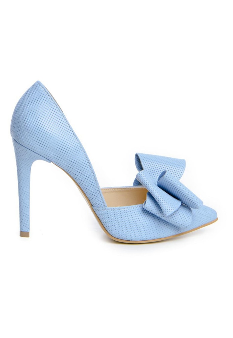 Pantofi stiletto piele naturala Bleu cu funda