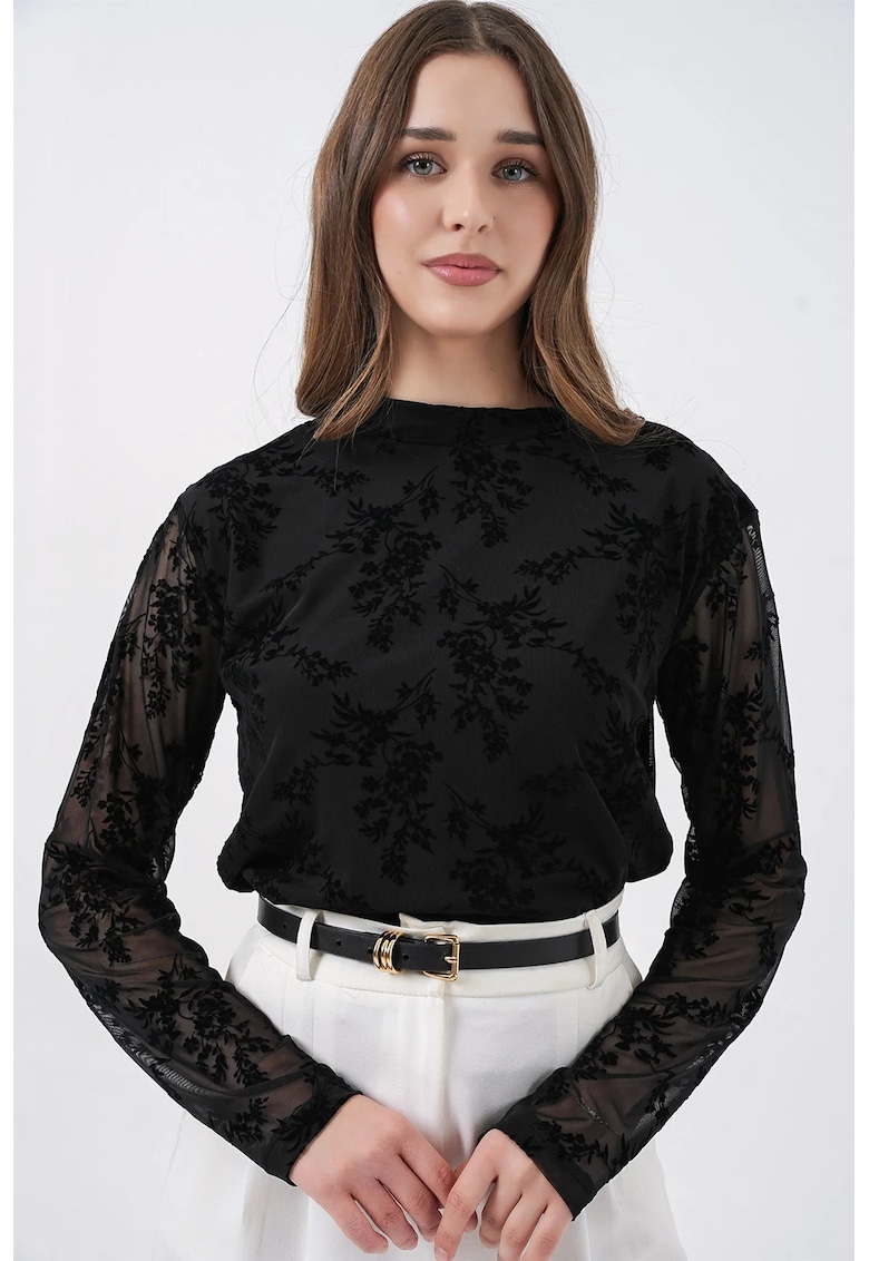 Bluza dama imprimeu floral - guler rotund - negru - jerseu
