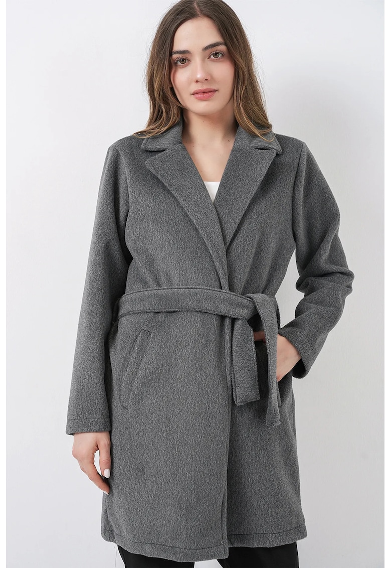Palton midi dama guler tip jacheta - Gri carbune