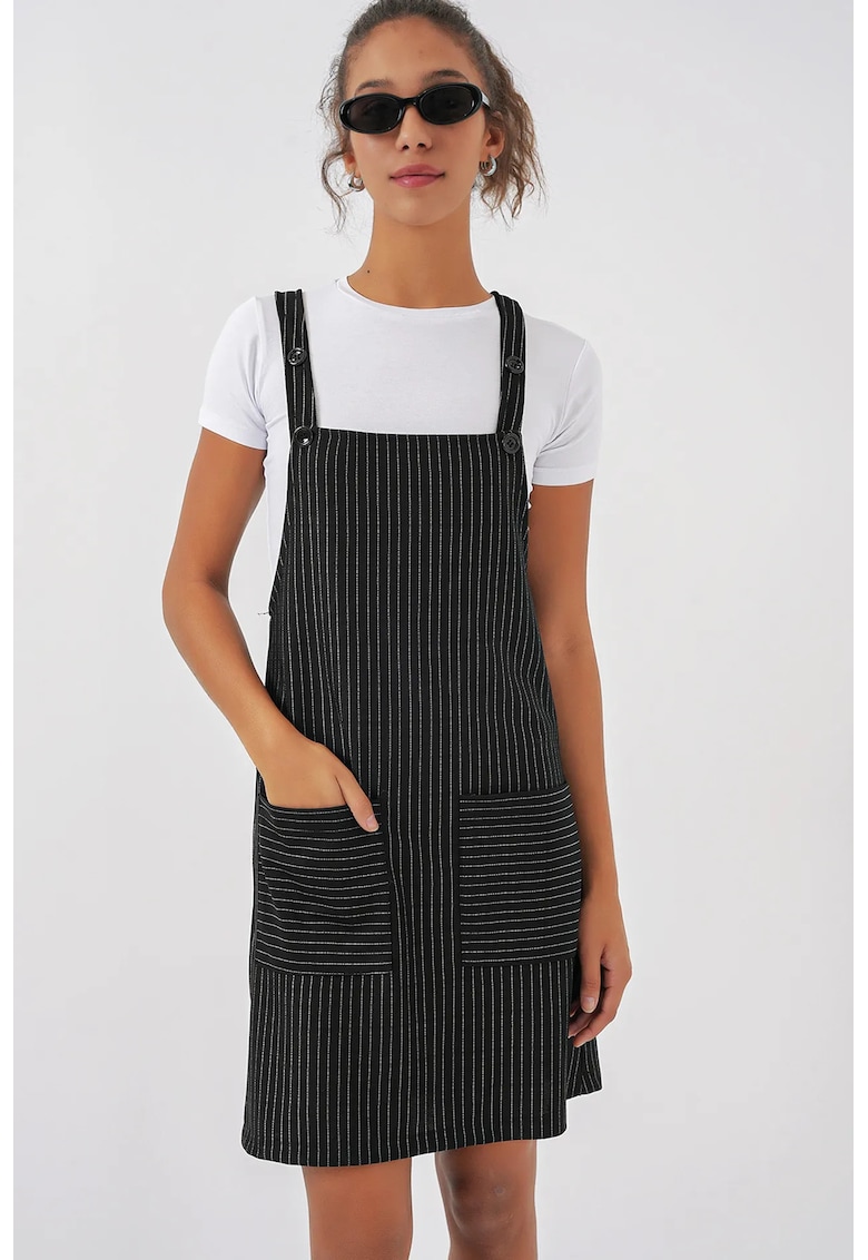 Rochie Mini dama - cu Dungi - Guler Patrat - Poliester/Viscoza - Negru