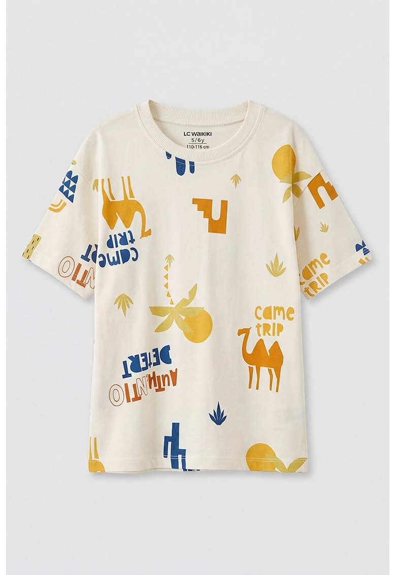 Tricou de bumbac cu model - Alb/Portocaliu/Bleumarin