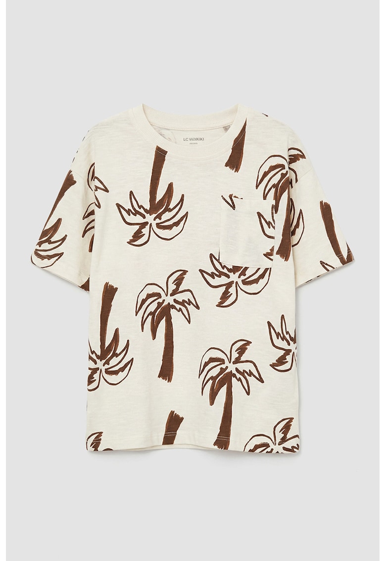 Tricou de bumbac cu buzunar pe piept - Crem/Maro pamantiu
