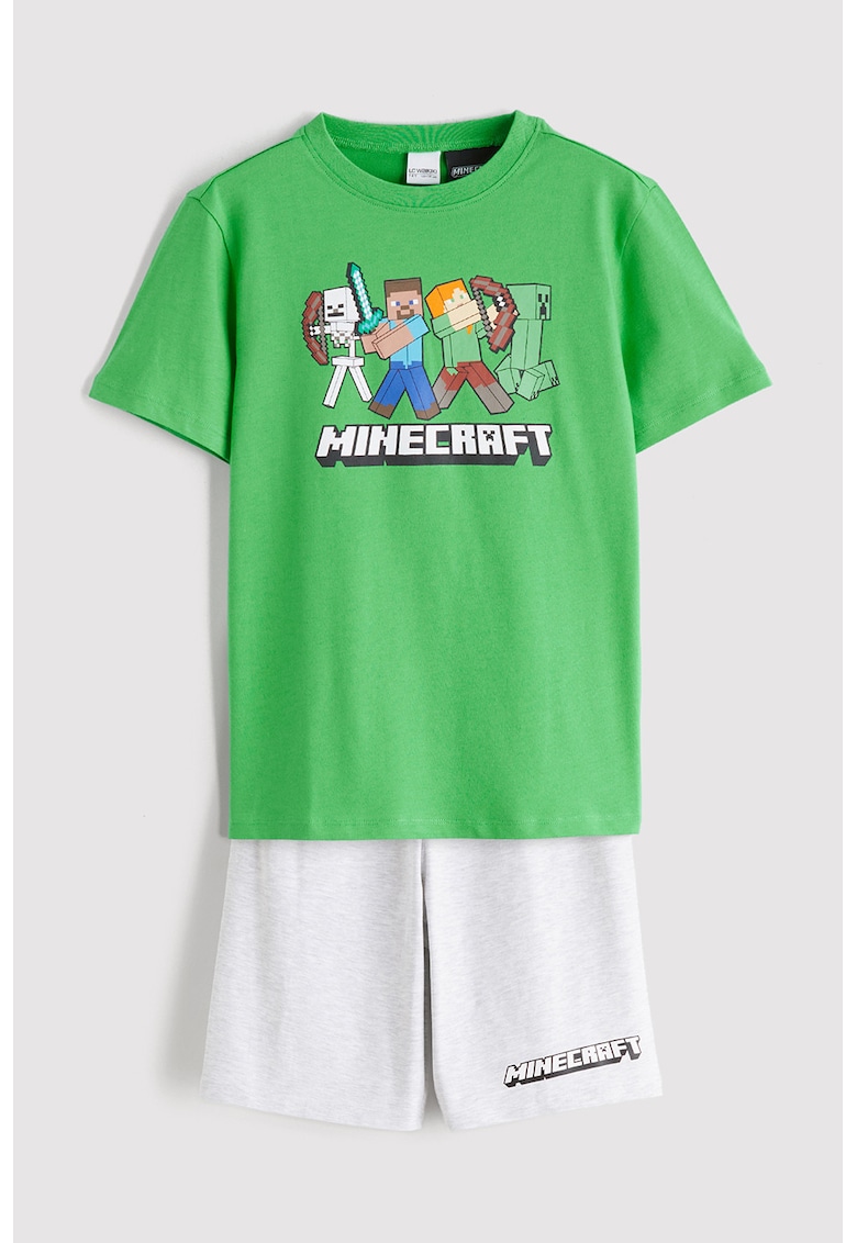 Pijama cu pantaloni scurti si imprimeu Minecraft - Verde deschis/Gri deschis melange