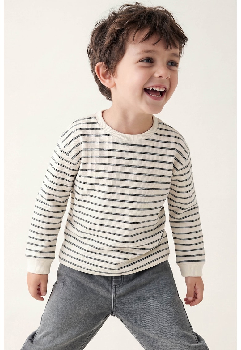 Bluza cu decolteu rotund si dungi - Alb fildes/Negru