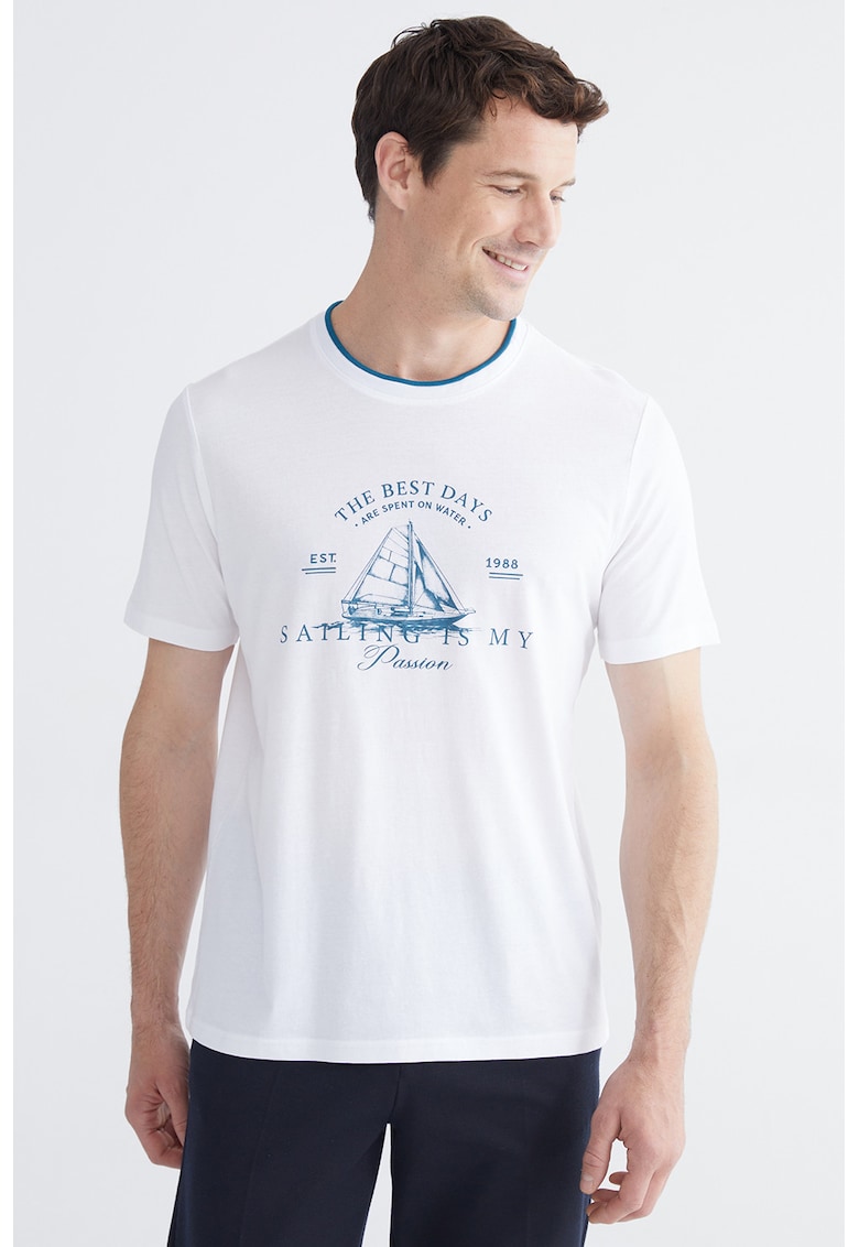 Tricou de bumbac cu imprimeu pe piept - Albastru royal/Alb optic