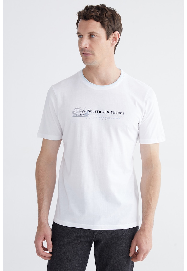 Tricou din bumbac cu decolteu la baza gatului - Alb/Albastru