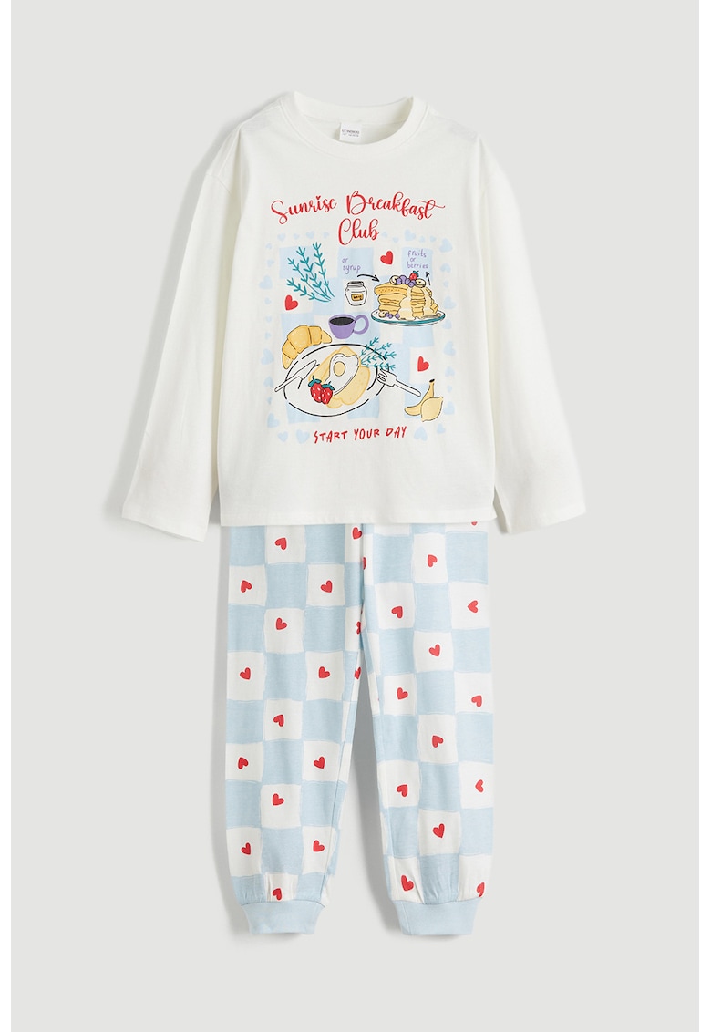 Pijama cu maneci lungi si imprimeu grafic - Alb/Albastru pastel