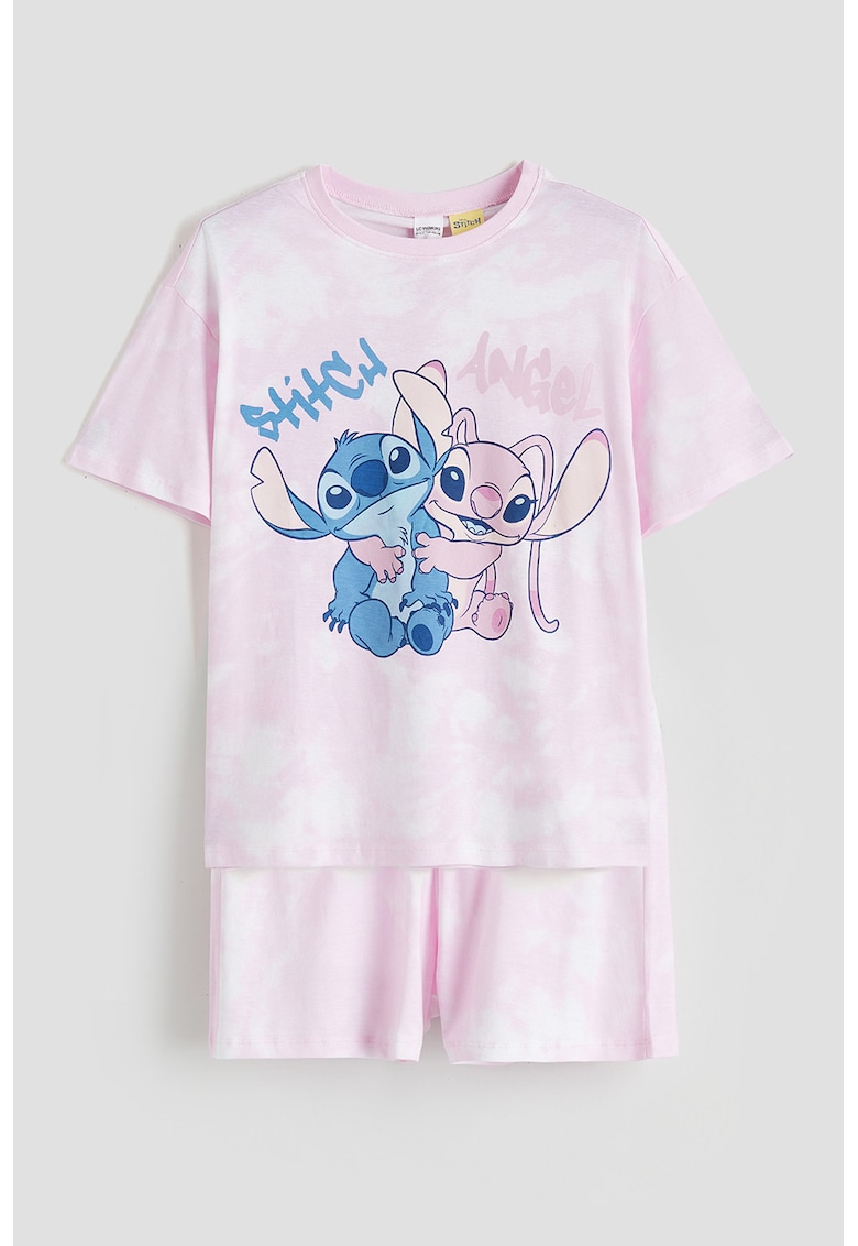 Pijama cu maneci scurte si imprimeu desene animate - Alb/Roz pastel