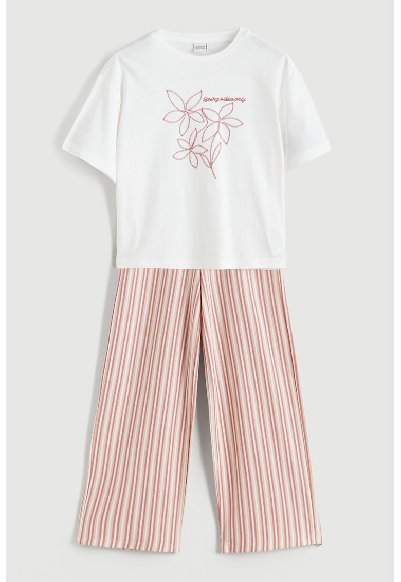 Set de tricou si pantaloni cu model in dungi - Alb/Roz pastel