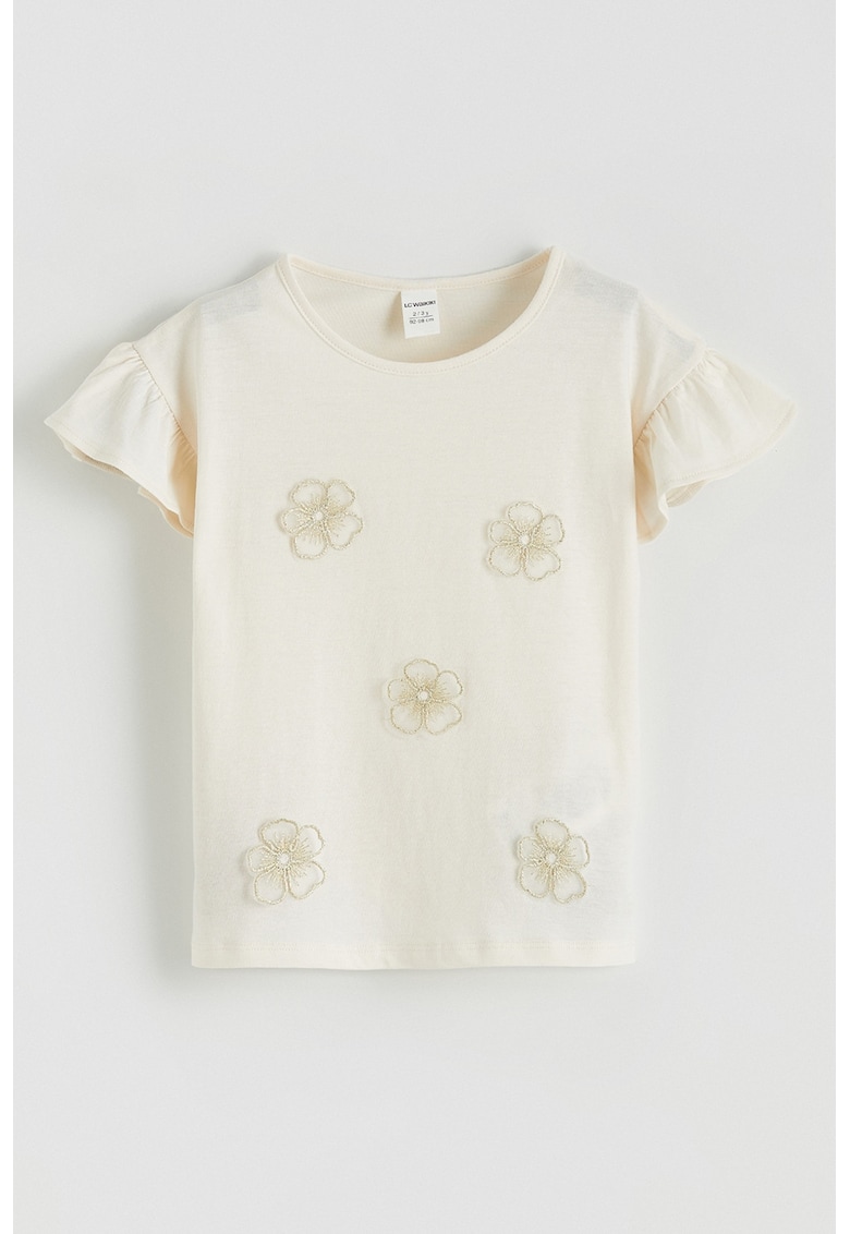 Tricou cu aplicatie florala - Crem