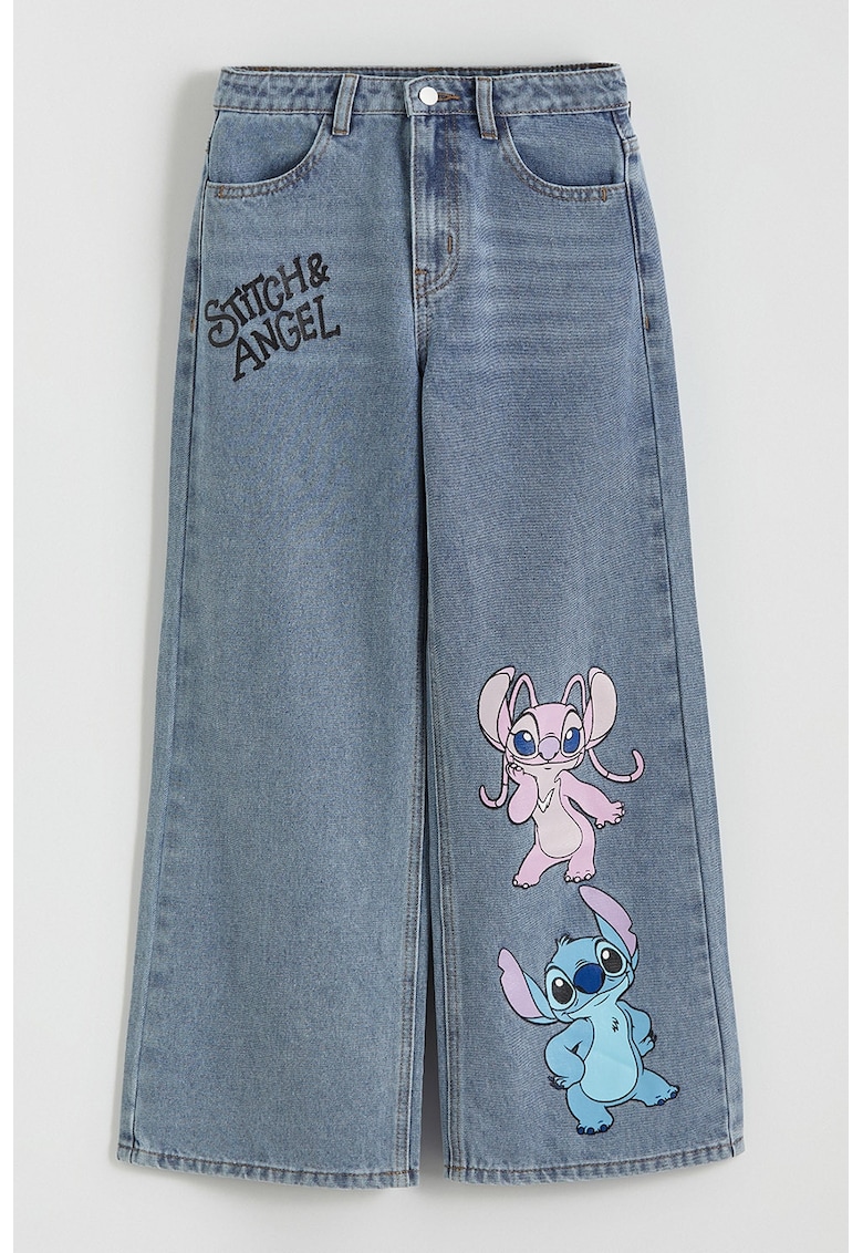 Blugi cu croiala ampla si imprimeu cu Stitch - Albastru prafuit