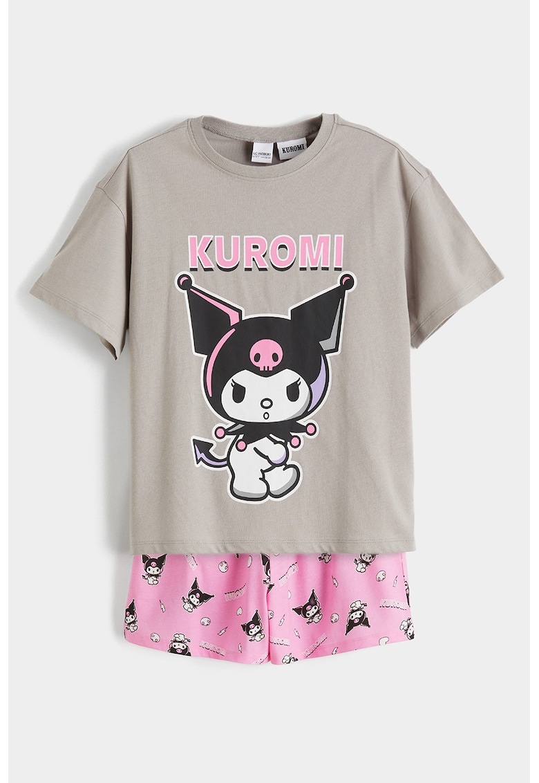Pijama scurta din bumbac cu imprimeu Kuromi - Gri melange/Roz