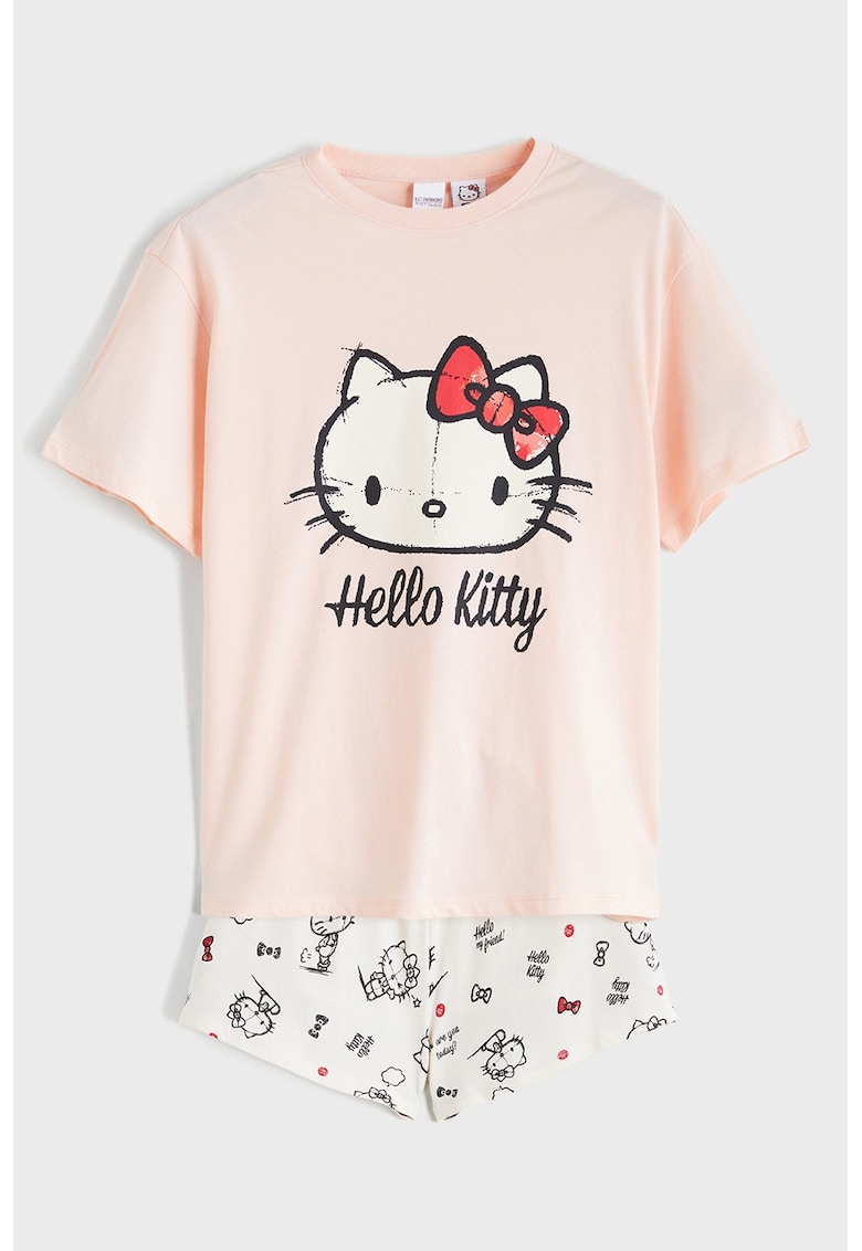 Pijama scurta din bumbac Hello Kitty - Alb/Piersica