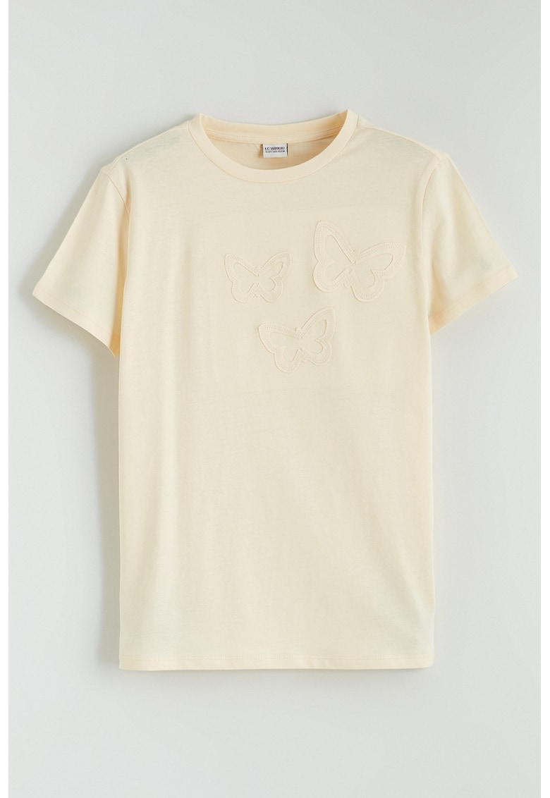 Tricou din bumbac cu fluturi brodati - Galben pal