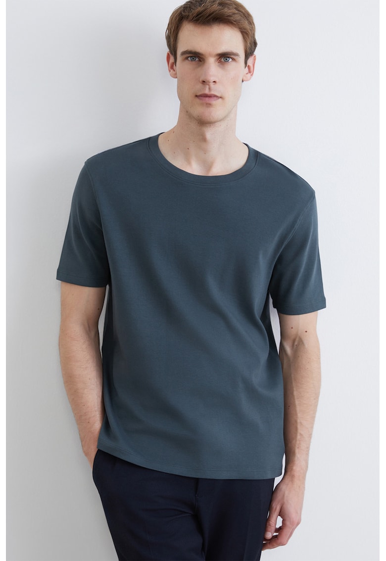 Tricou uni din bumbac cu decolteu rotund - Albastru prafuit