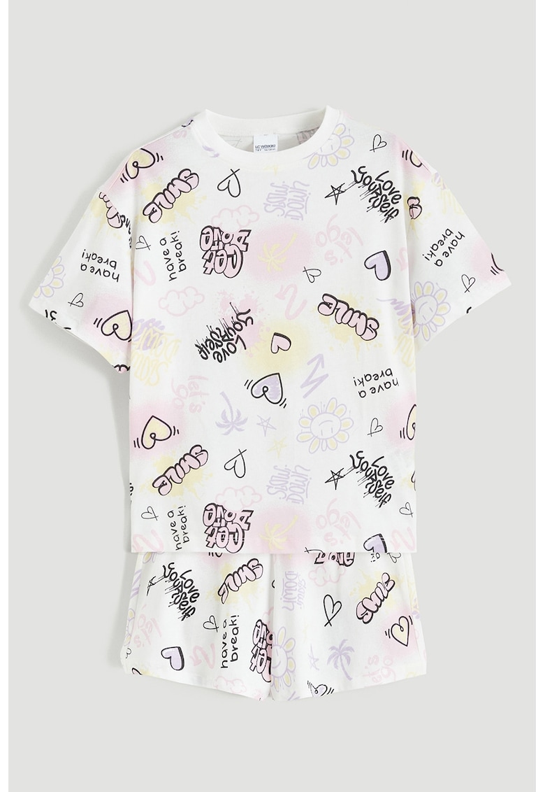 Pijama scurta cu imprimeu grafic - Alb