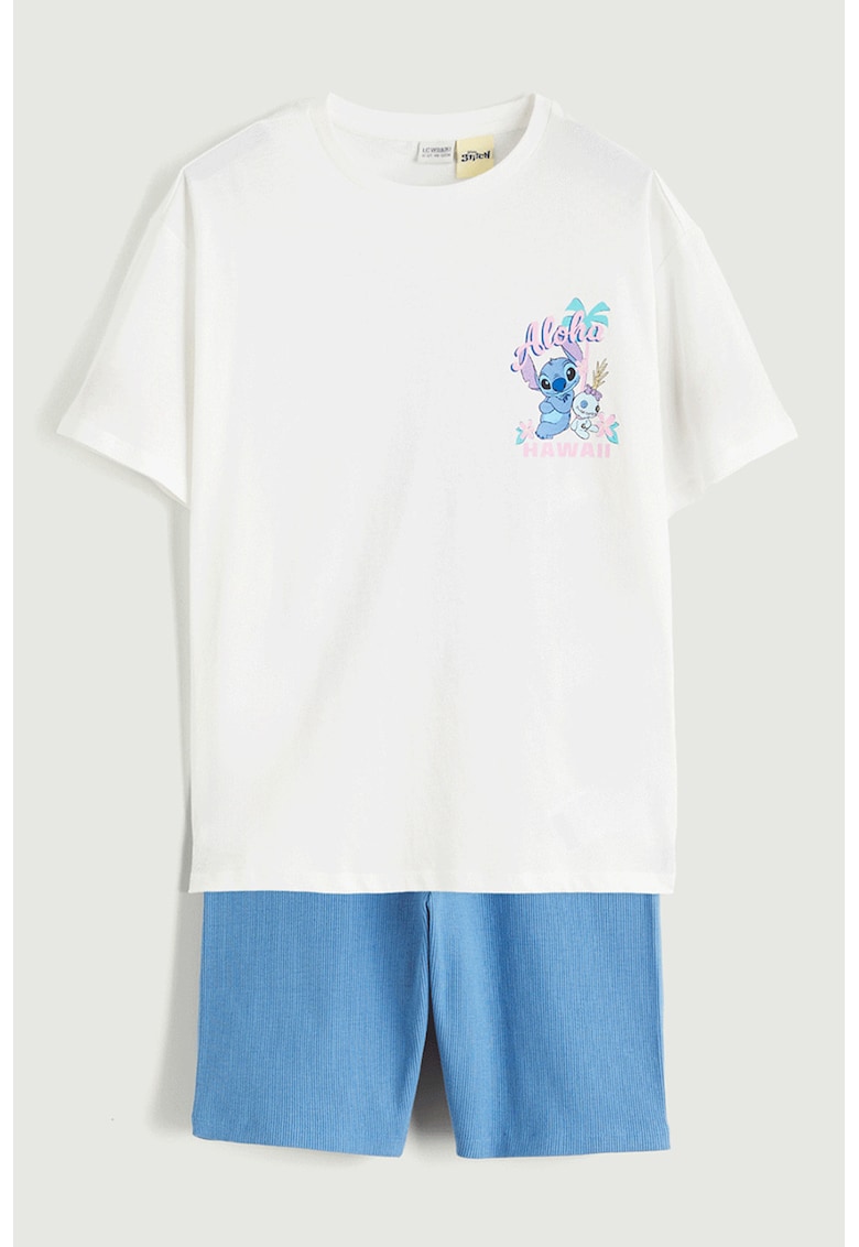 Set de tricou si colanti scurti cu Stitch - Alb fildes/Lila/Albastru