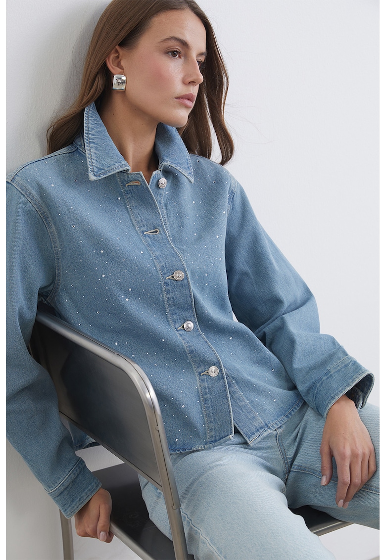 Jacheta de denim cu strasuri - Albastru prafuit