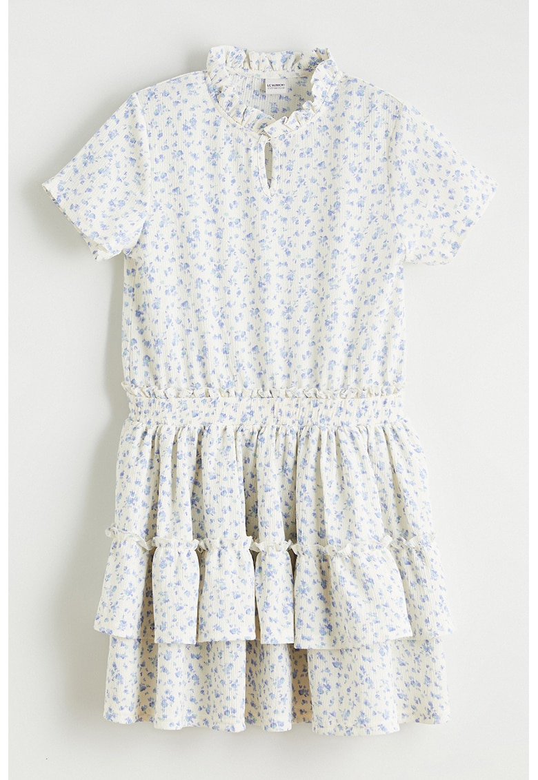 Rochie cu maneci scurte si model floral - Alb murdar/Albastru