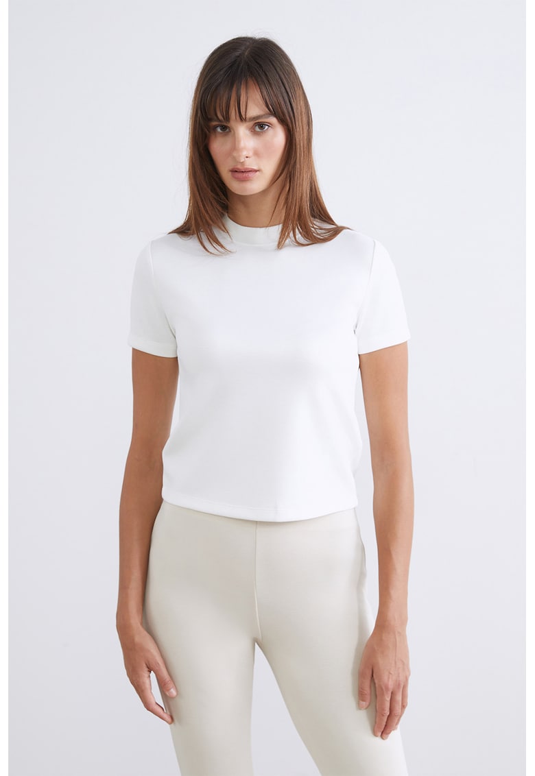 Tricou uni cu decolteu la baza gatului - Alb murdar/Transparent