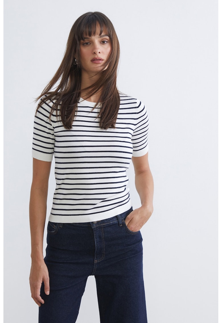 Pulover slim fit cu decolteu rotund - Alb/Bleumarin