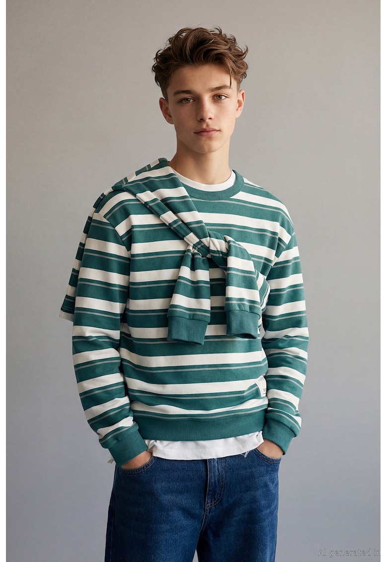 Bluza de trening de bumbac cu dungi - Alb/Verde persan