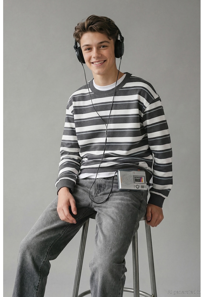 Bluza de trening de bumbac cu dungi - Alb/Gri inchis