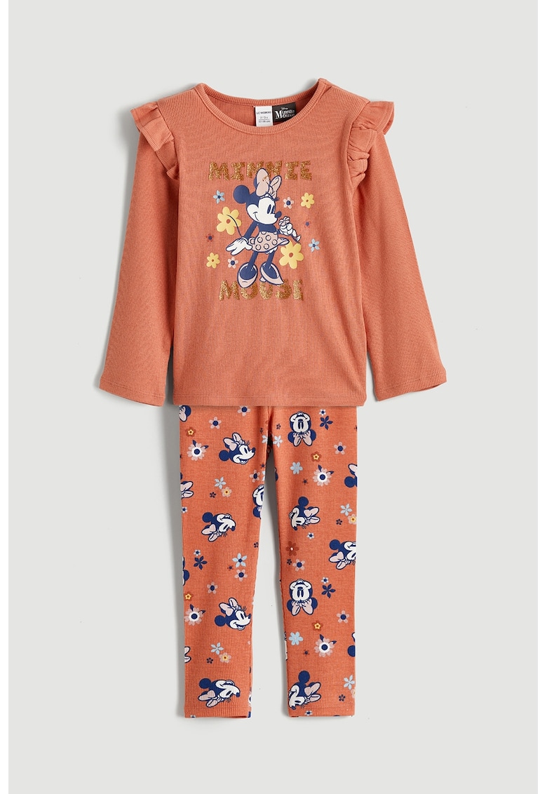 Set de colanti cu imprimeu Minnie Mouse si bluza cu volane - 2 piese - Alb/Portocaliu persan/Bleumarin