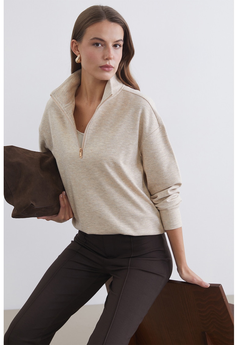Bluza de trening regular fit cu model uni - Bej melange