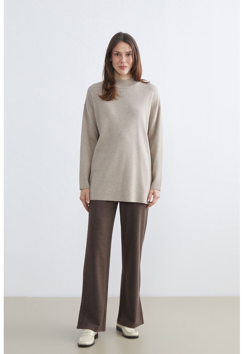 Pantaloni cu talie medie si model uni - Maro melange