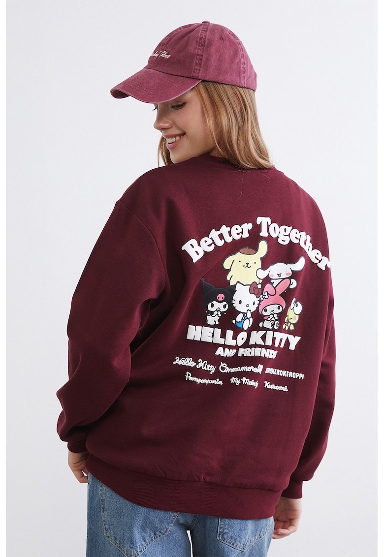 Bluza supradimensionata de trening cu Hello Kitty si imprimeu Friends - Visiniu