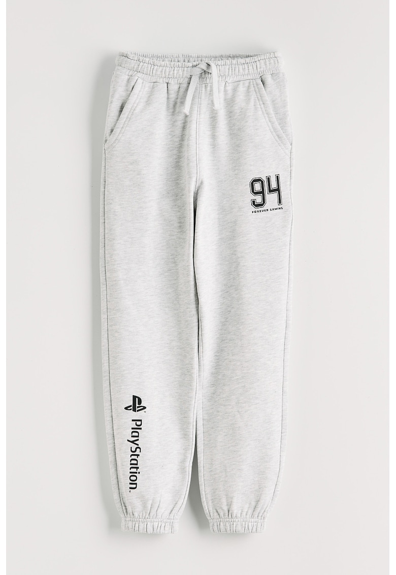 Pantaloni de trening din amestec de bumbac cu imprimeu text - Negru/Gri deschis melange
