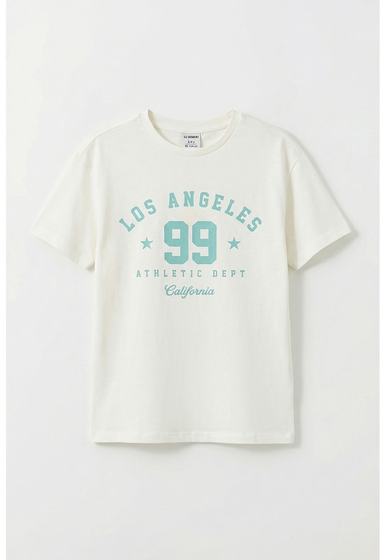 Tricou de bumbac cu imprimeu text - Alb/Turcoaz