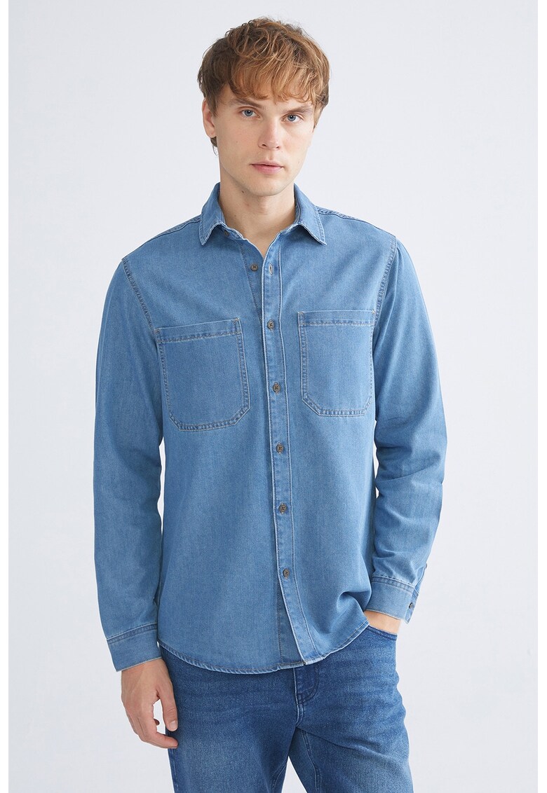 Camasa din denim cu buzunare pe piept - Albastru