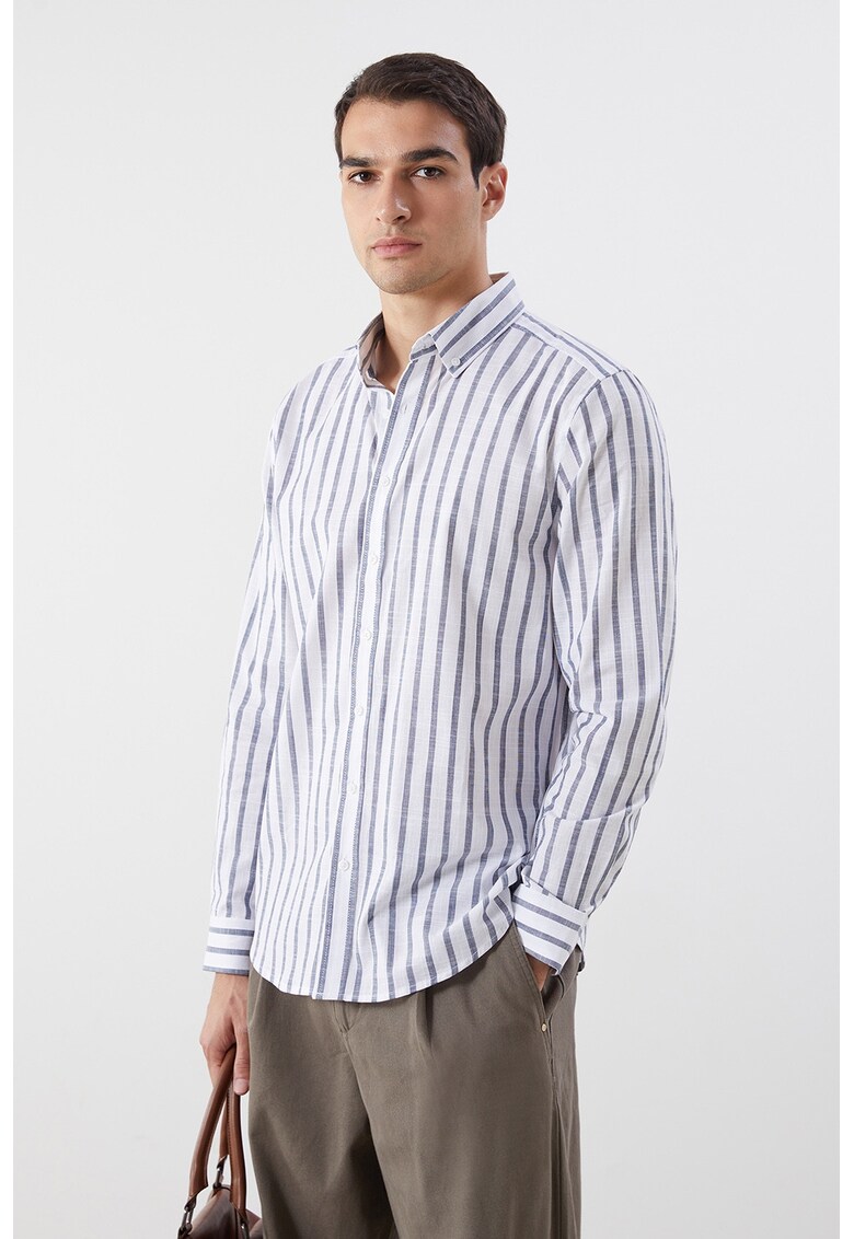 Camasa Oxford de bumbac cu dungi - Alb/Bleumarin