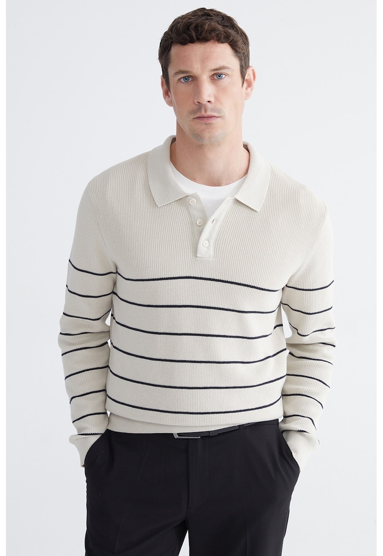 Pulover cu dungi si guler ascutit - Alb fildes/Bleumarin