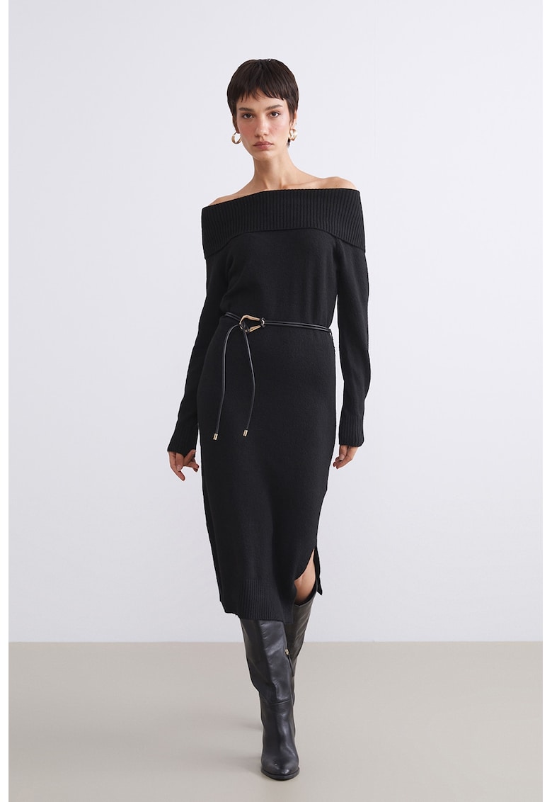 Rochie din tricot cu decolteu pe umeri - Negru