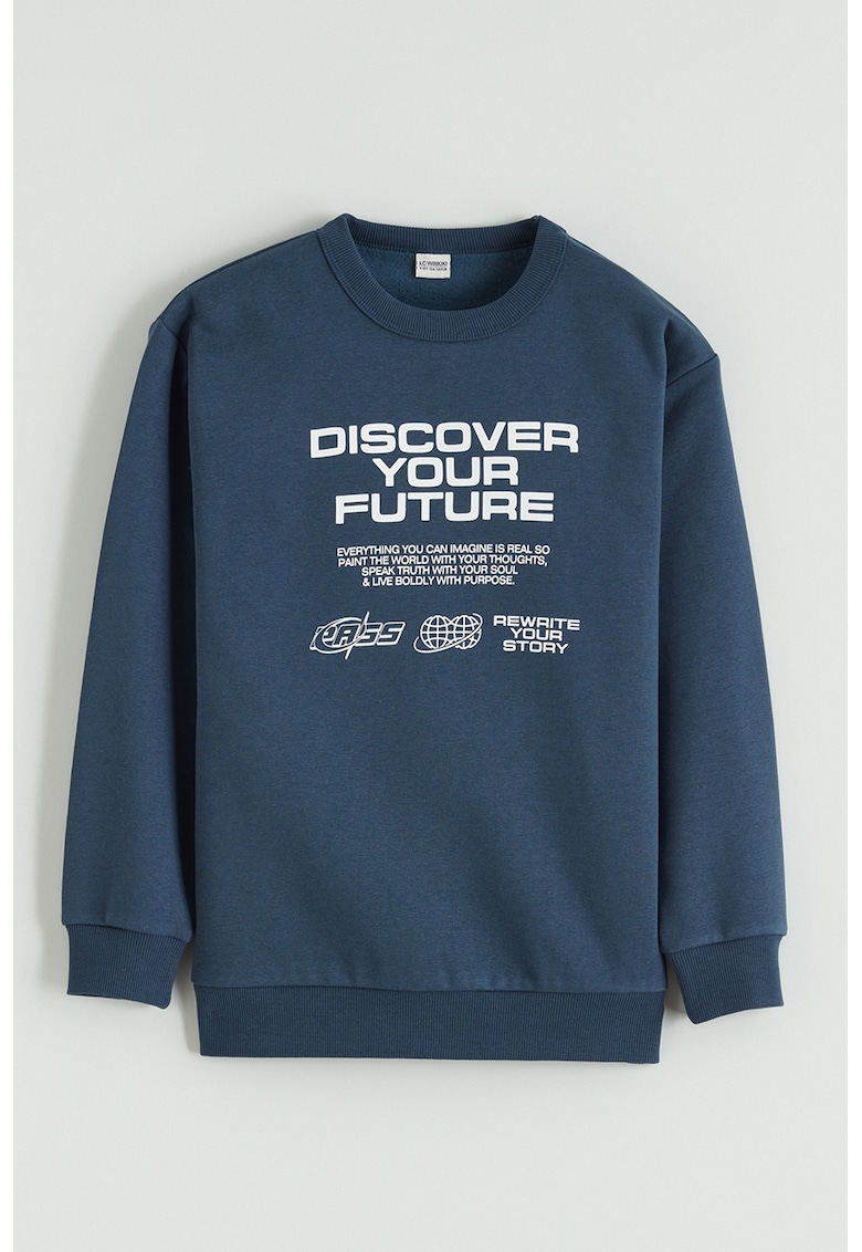 Bluza de trening cu decolteu la baza gatului si model text - Alb/Albastru inchis